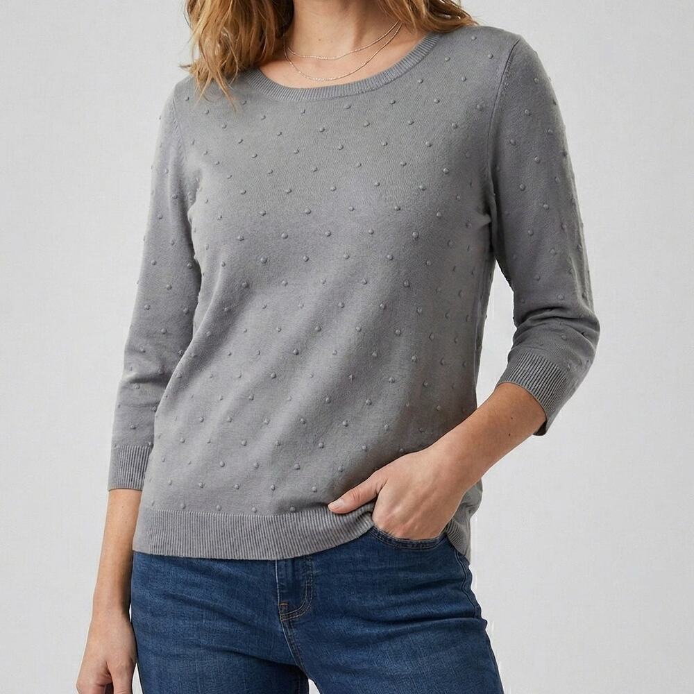 ELLE Gray XL Hobnail Rayon Polyester 3/4 Sleeve Crewneck Sweater